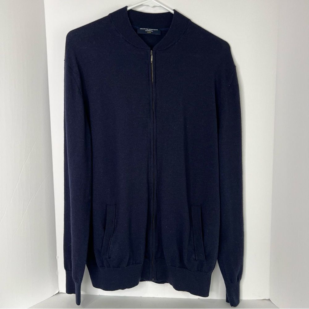 Charles Tyrwhitt Dark Blue Pure Merino Wool Zip-Up Men’s Sweater Cardigan Sz L